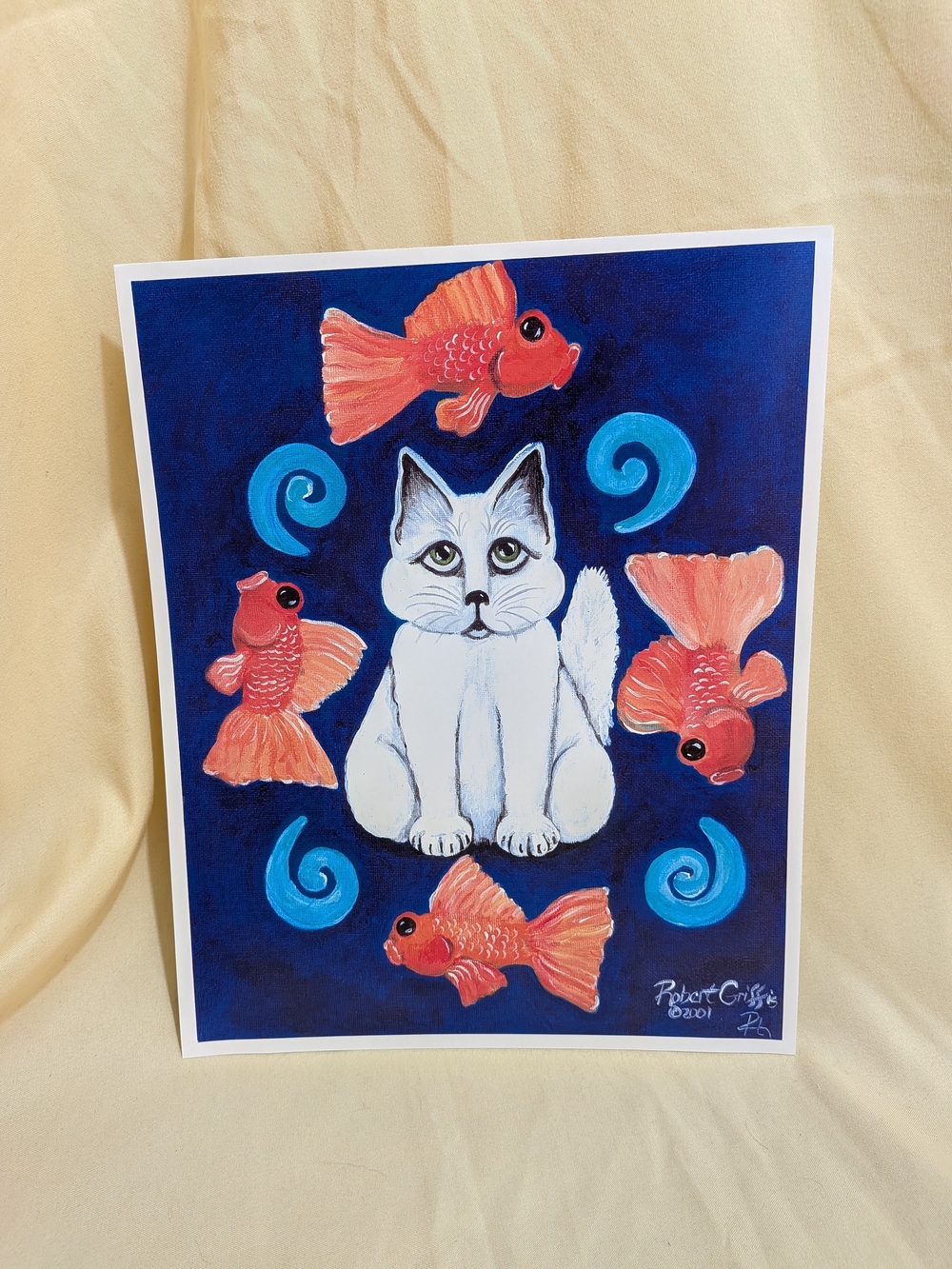 Vtg 2001 Robert Griffis Whimsical Folk Art Cat & Goldfish Print Signed